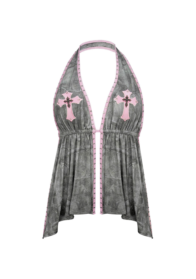 SPOILT BACKLESS HALTERNECK TOP TREE CAMO