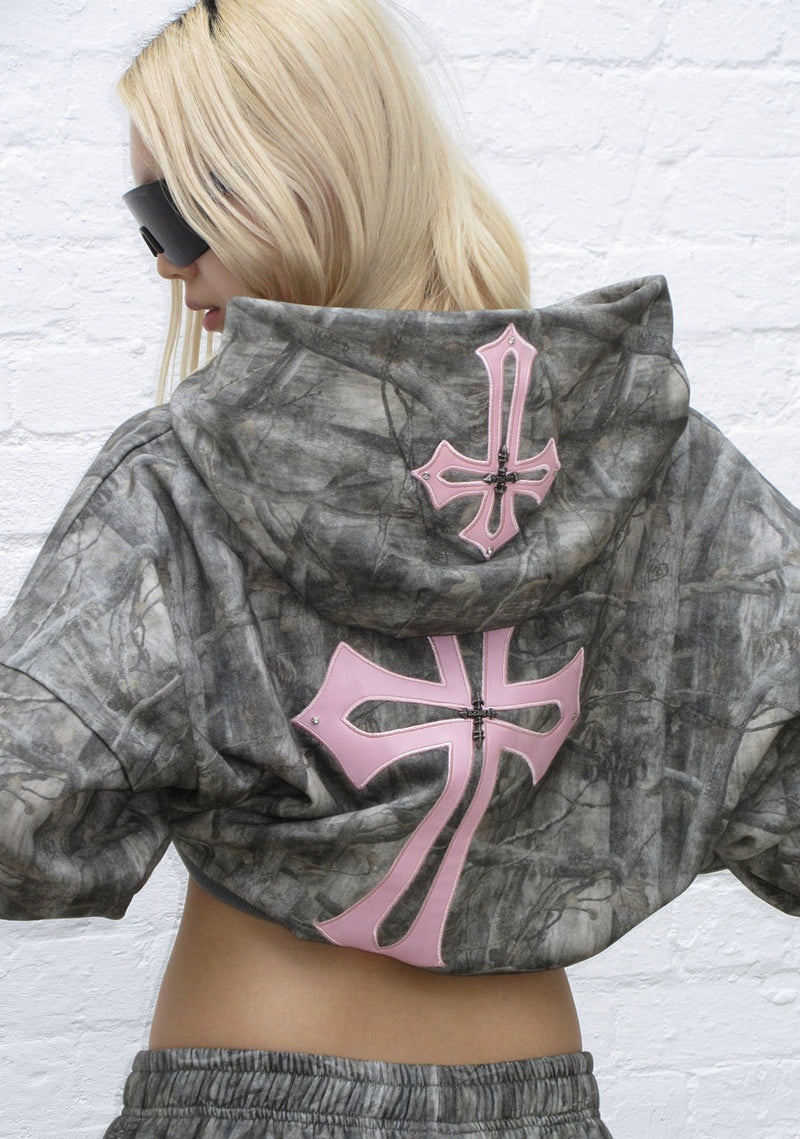 SPOILT CROP ZIP HOODIE TREE CAMO