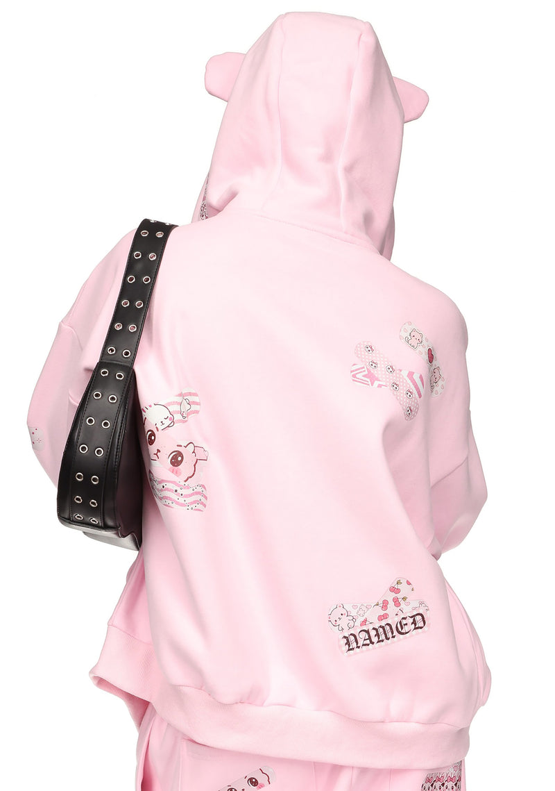 STITCH TEDDY ZIP HOODIE BABY PINK