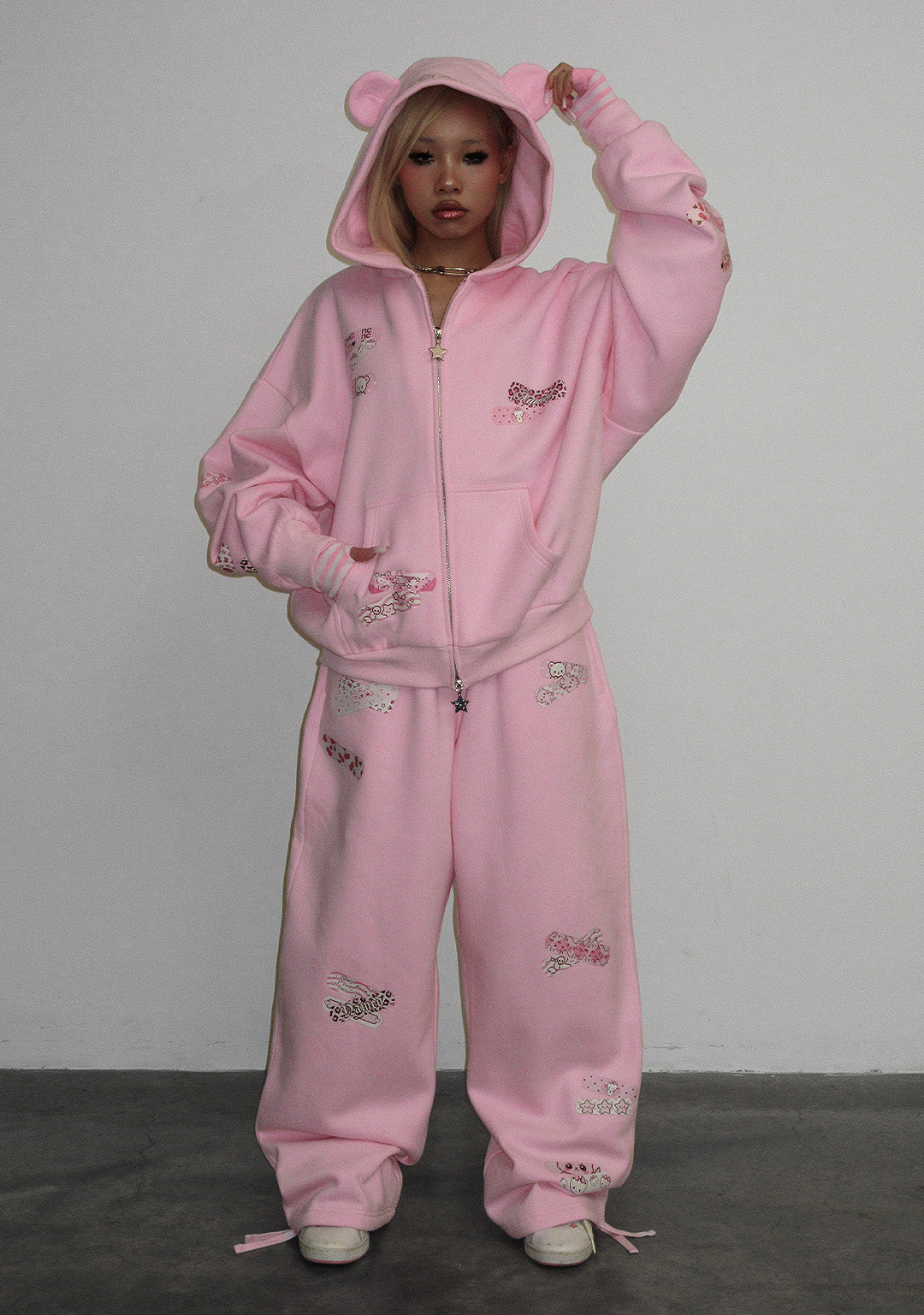 STITCH TEDDY ZIP HOODIE BABY PINK