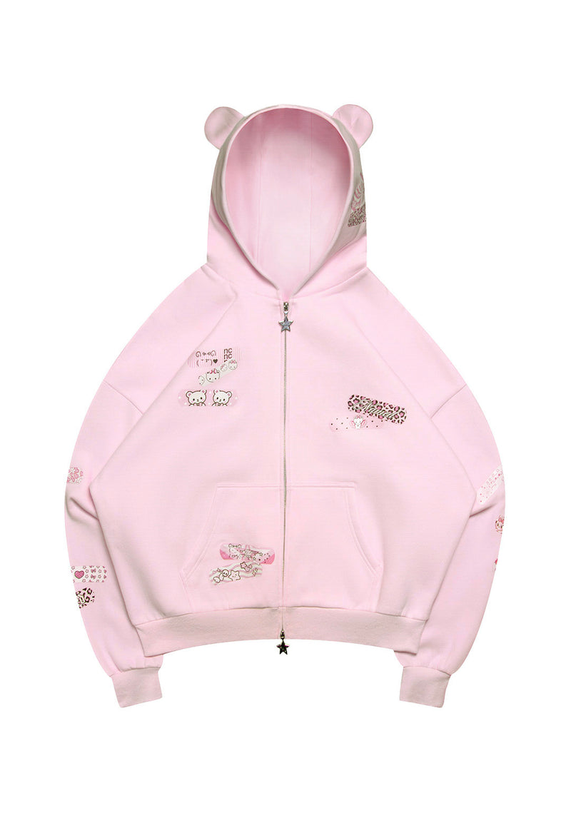 STITCH TEDDY ZIP HOODIE BABY PINK