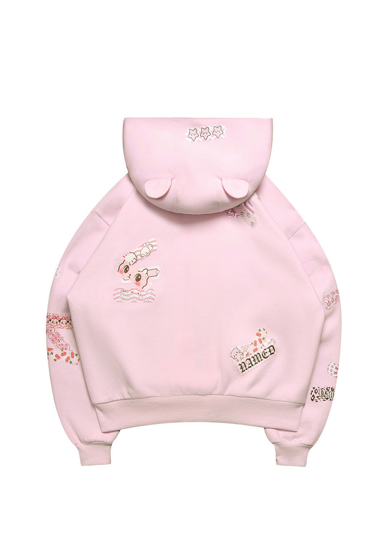 STITCH TEDDY ZIP HOODIE BABY PINK