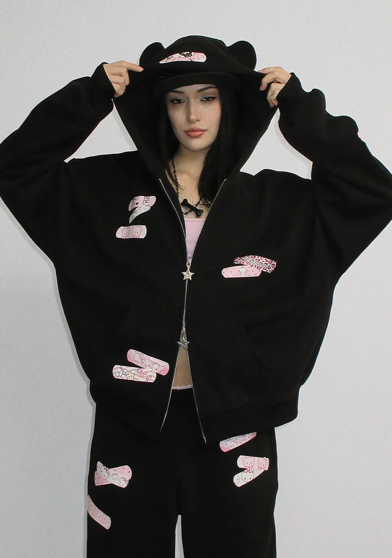 STITCH TEDDY ZIP HOODIE BLACK