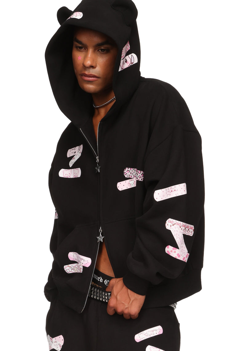 STITCH TEDDY ZIP HOODIE BLACK