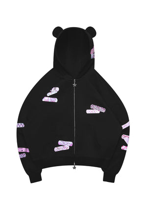 STITCH TEDDY ZIP HOODIE BLACK