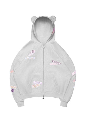 STITCH TEDDY ZIP HOODIE WHITE MARL