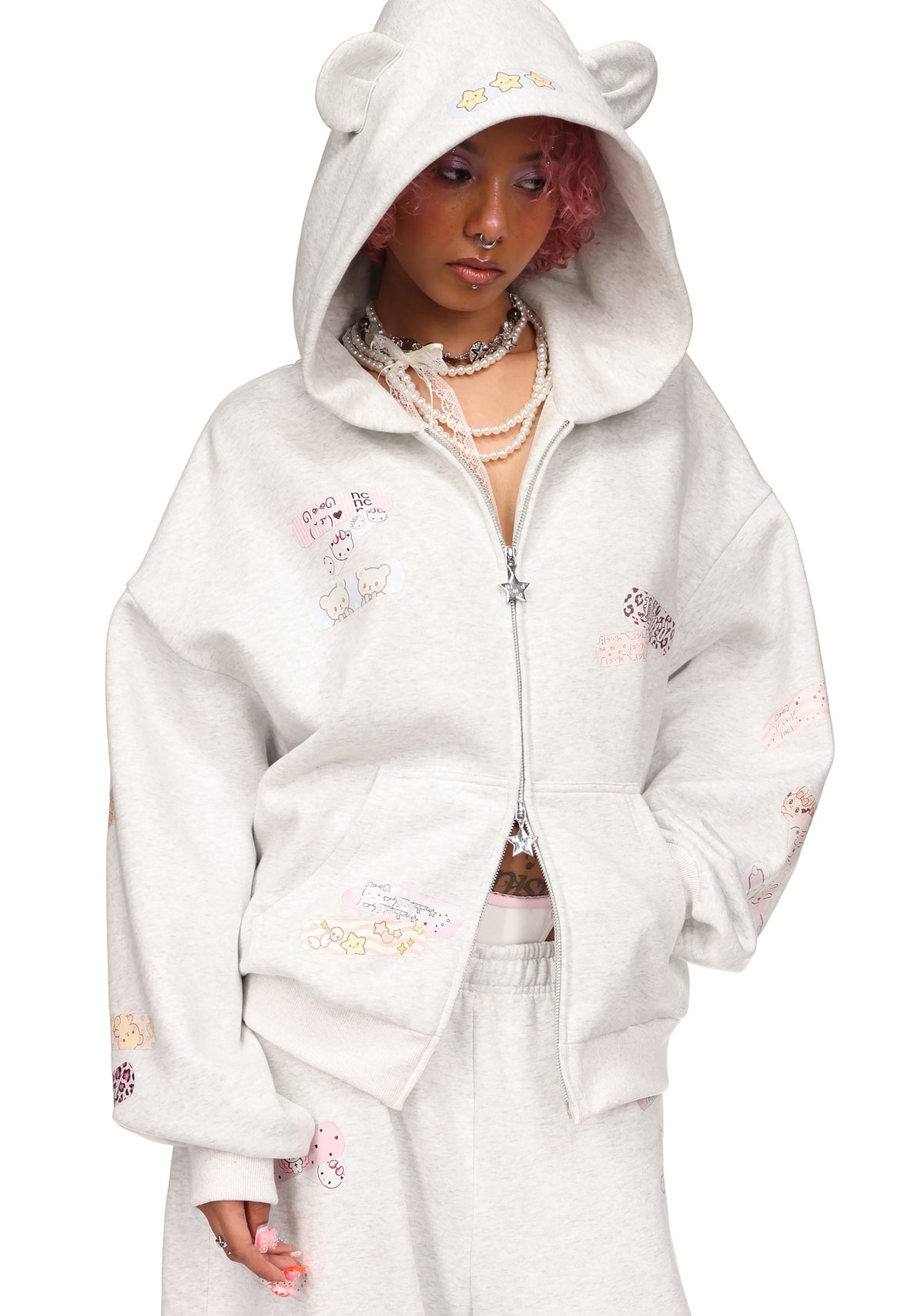 STITCH TEDDY ZIP HOODIE WHITE MARL
