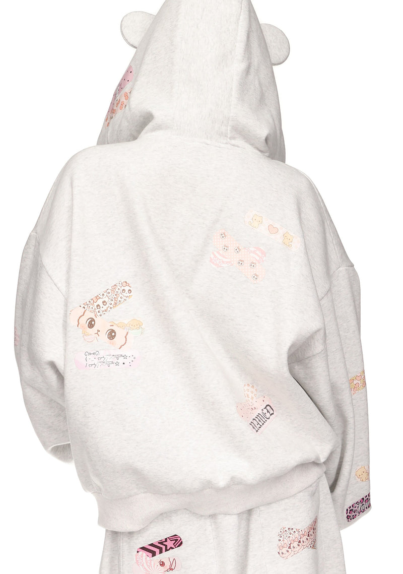 STITCH TEDDY ZIP HOODIE WHITE MARL