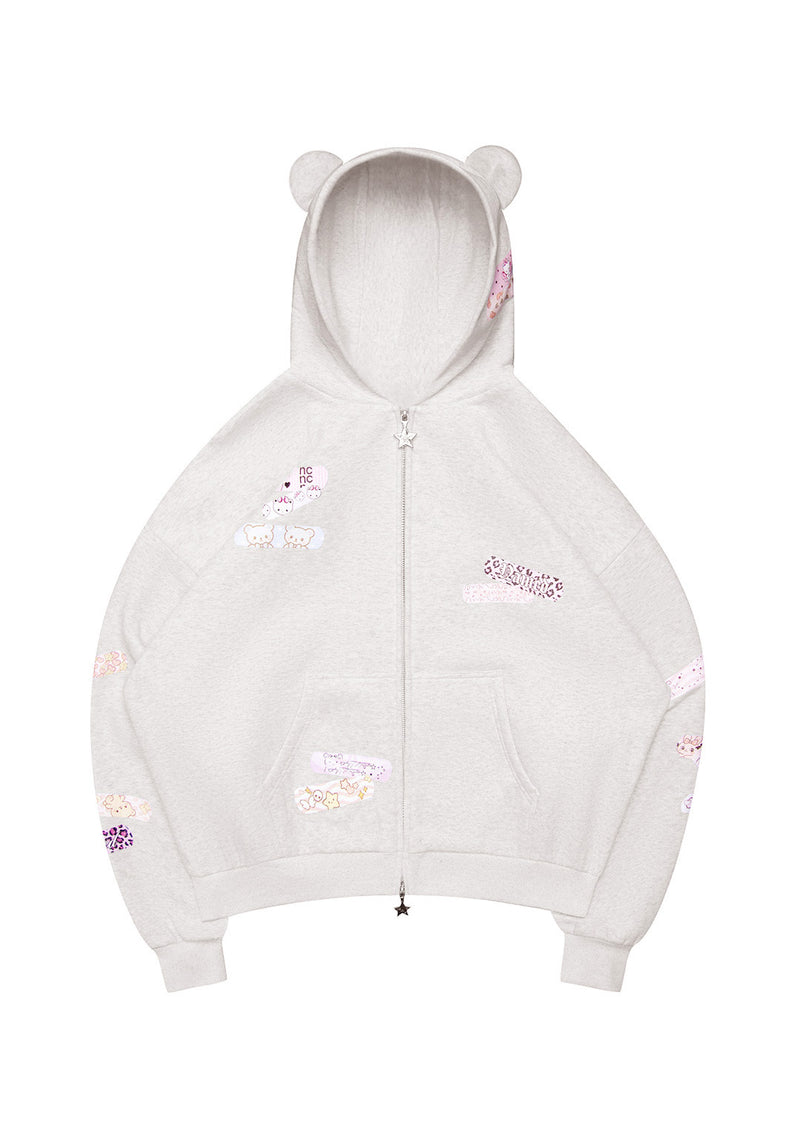 STITCH TEDDY ZIP HOODIE WHITE MARL