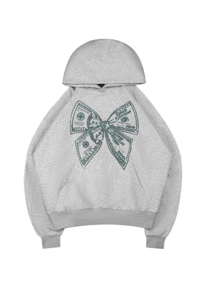 STRANGERS RHINESTONE $ BOW PULLOVER HOODIE GREY MARL