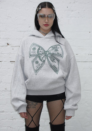 STRANGERS RHINESTONE $ BOW PULLOVER HOODIE GREY MARL
