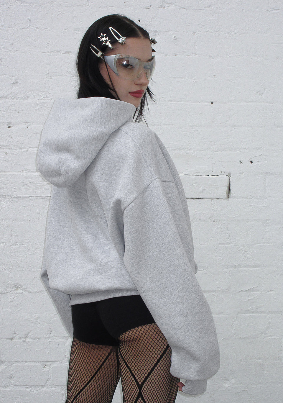 STRANGERS RHINESTONE $ BOW PULLOVER HOODIE GREY MARL