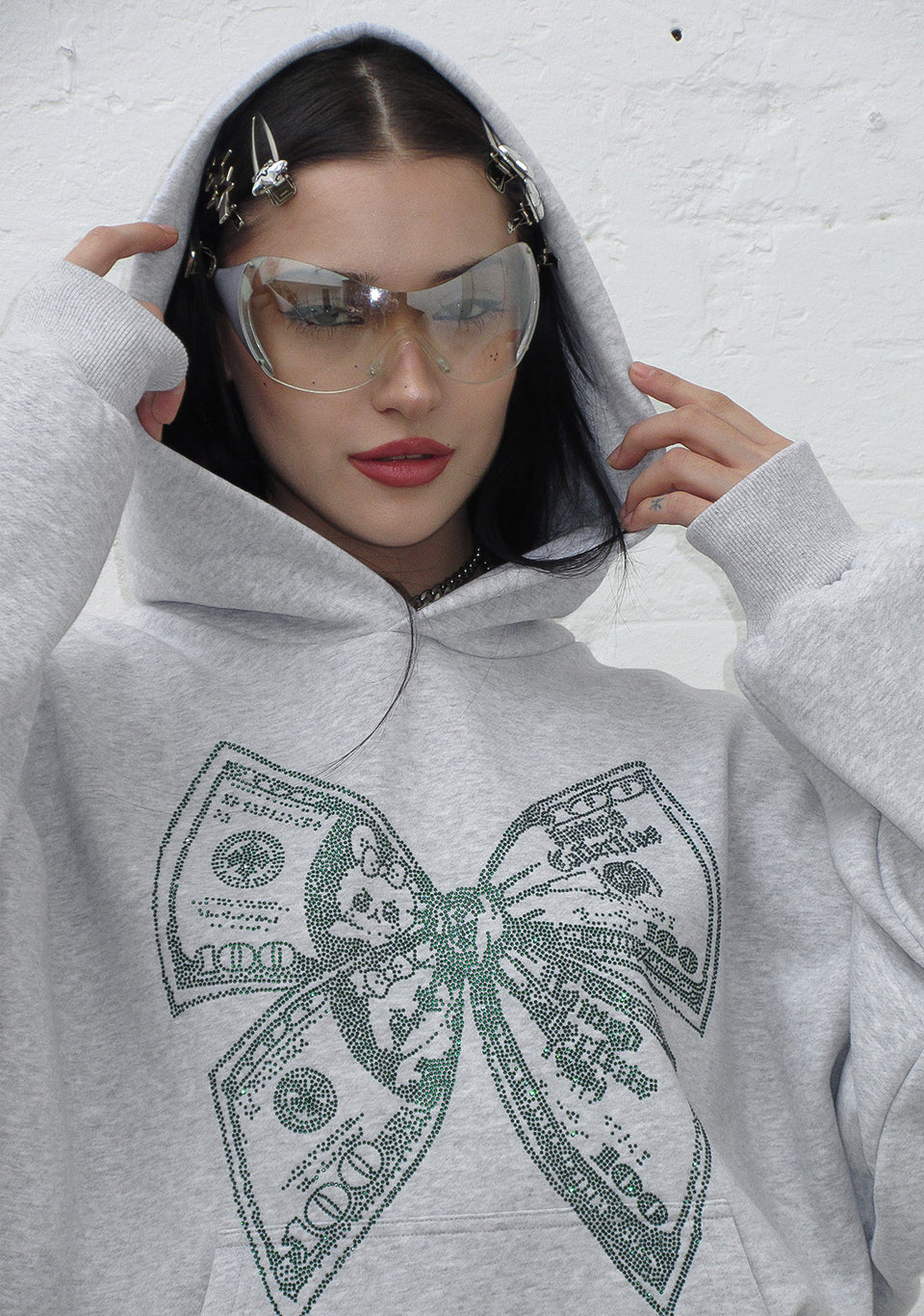 STRANGERS RHINESTONE $ BOW PULLOVER HOODIE GREY MARL