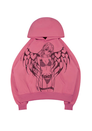 STRANGERS RHINESTONE ANGEL PULLOVER HOODIE DUSKY PINK