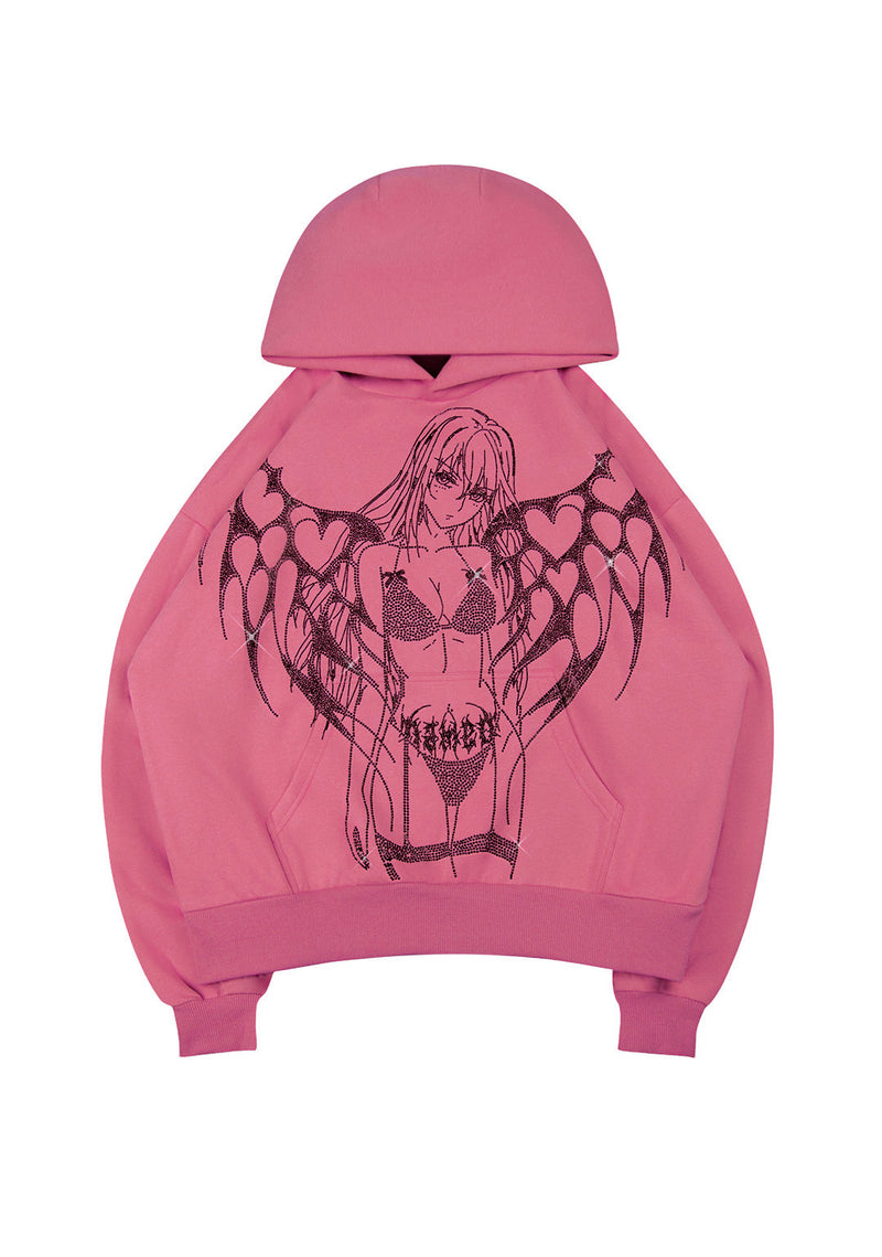STRANGERS RHINESTONE ANGEL PULLOVER HOODIE DUSKY PINK