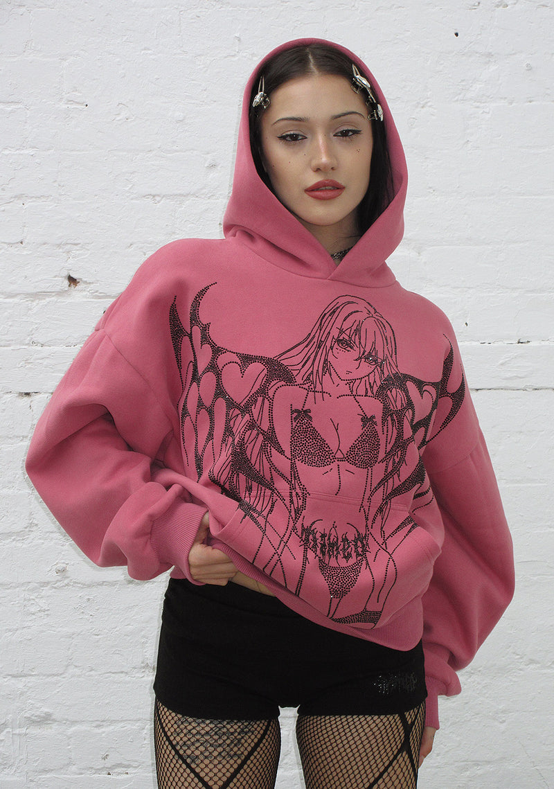 STRANGERS RHINESTONE ANGEL PULLOVER HOODIE DUSKY PINK