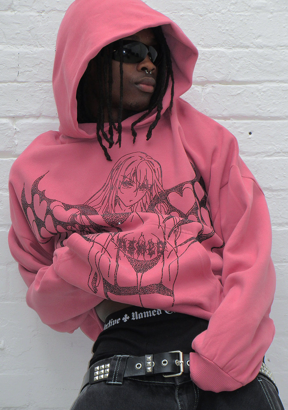 STRANGERS RHINESTONE ANGEL PULLOVER HOODIE DUSKY PINK