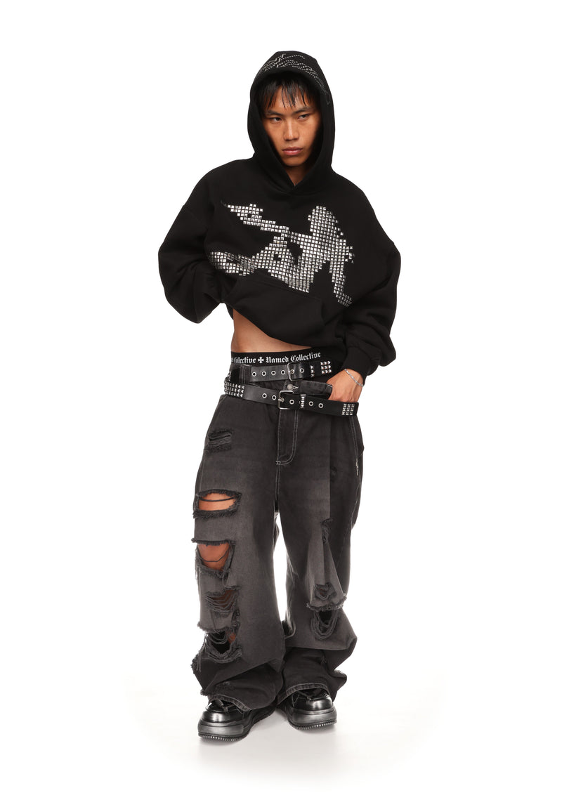 STRANGERS STUDDED SILHOUETTE PULLOVER HOODIE BLACK