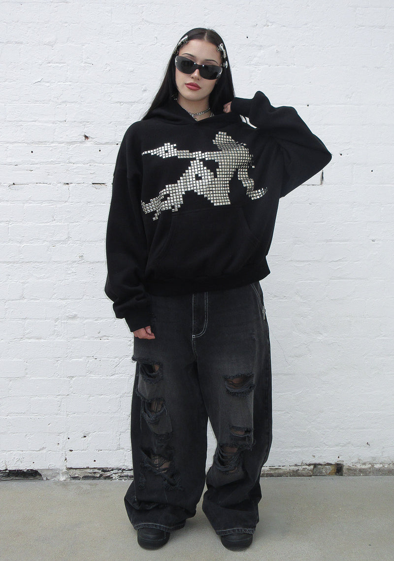 STRANGERS STUDDED SILHOUETTE PULLOVER HOODIE BLACK