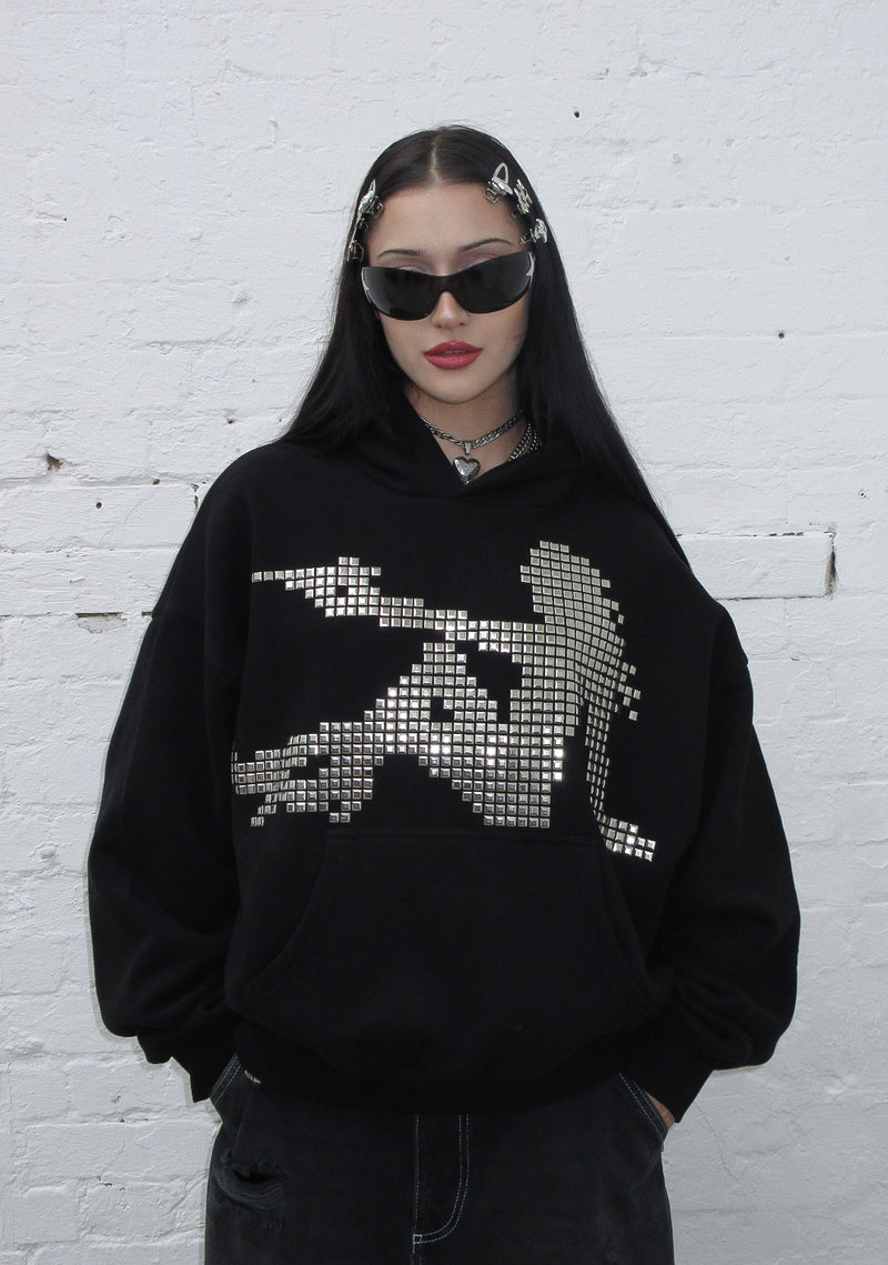 STRANGERS STUDDED SILHOUETTE PULLOVER HOODIE BLACK