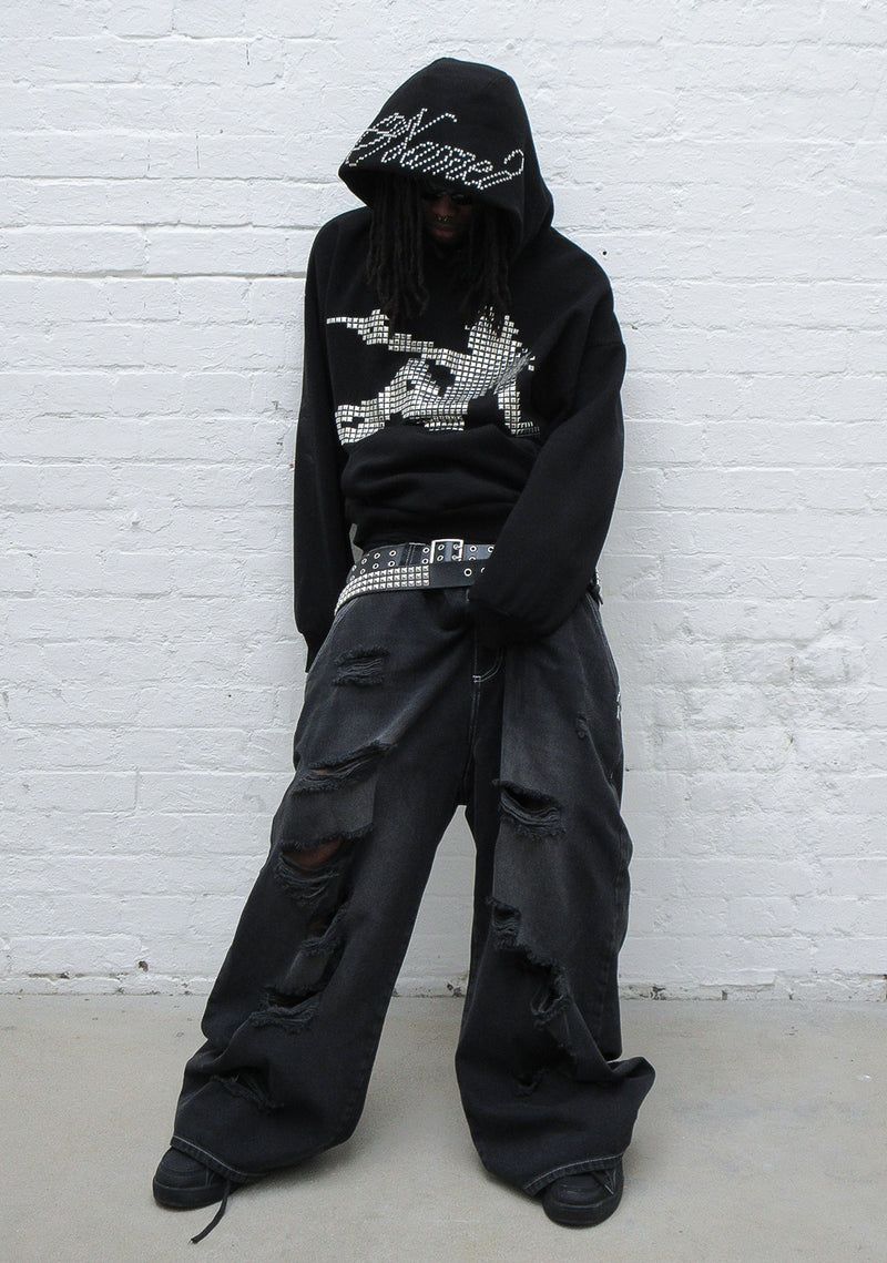STRANGERS STUDDED SILHOUETTE PULLOVER HOODIE BLACK