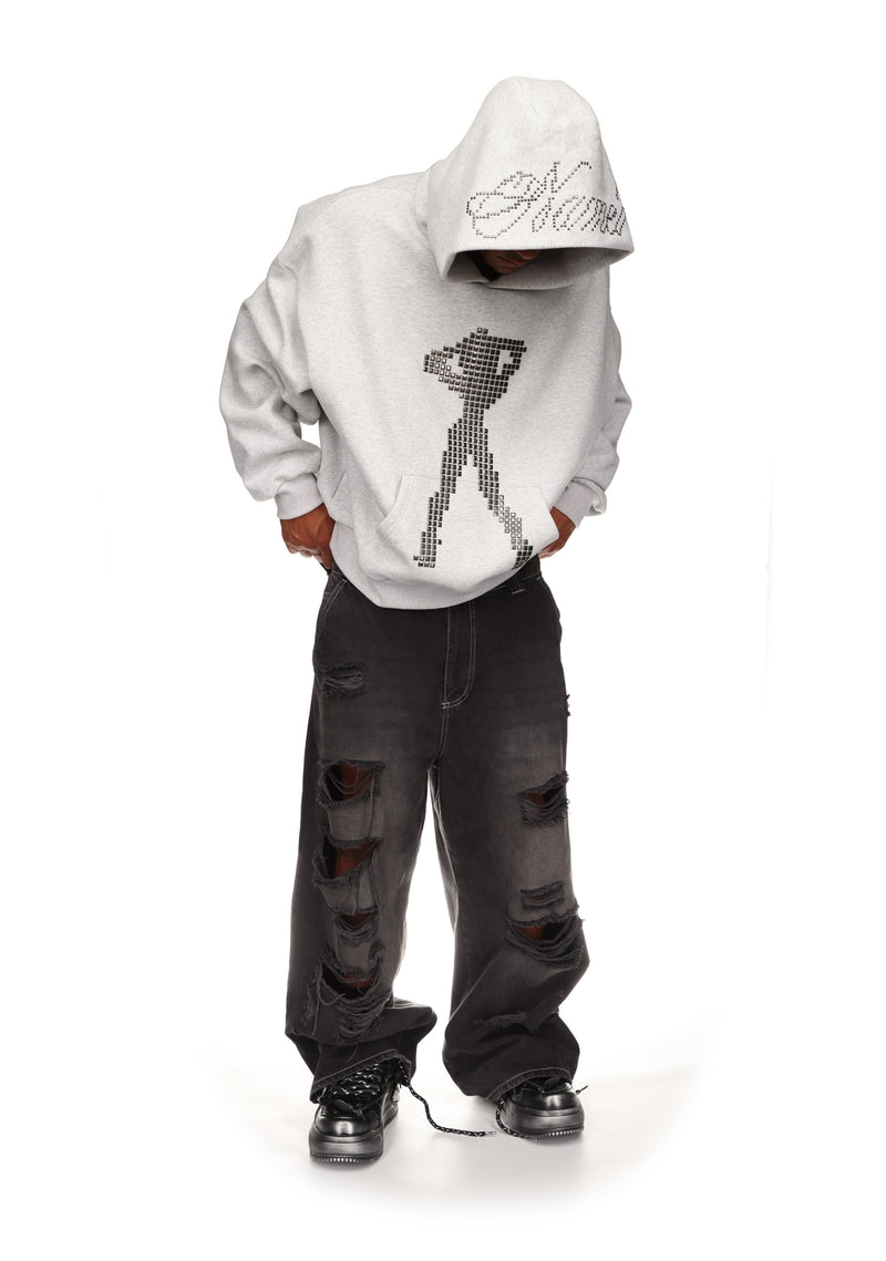 STRANGERS STUDDED SILHOUETTE PULLOVER HOODIE GREY MARL