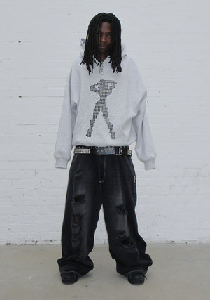 STRANGERS STUDDED SILHOUETTE PULLOVER HOODIE GREY MARL