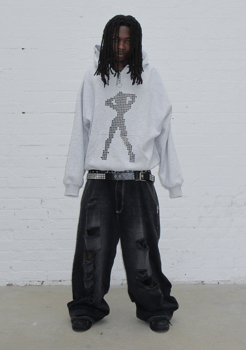 STRANGERS STUDDED SILHOUETTE PULLOVER HOODIE GREY MARL