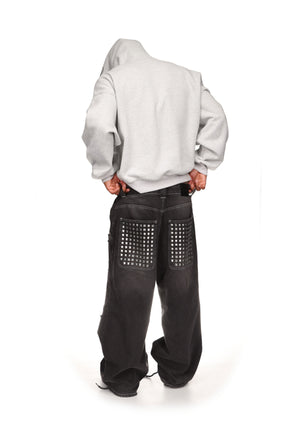 STRANGERS STUDDED SILHOUETTE PULLOVER HOODIE GREY MARL