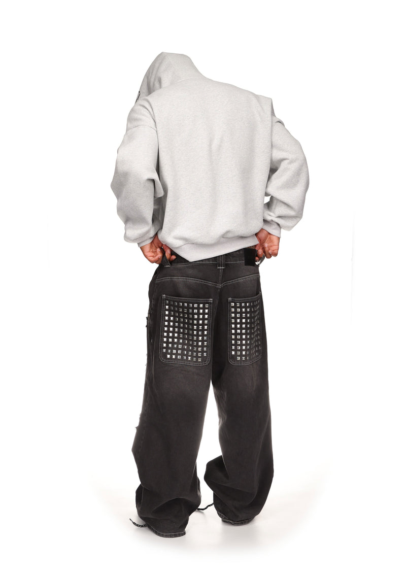 STRANGERS STUDDED SILHOUETTE PULLOVER HOODIE GREY MARL