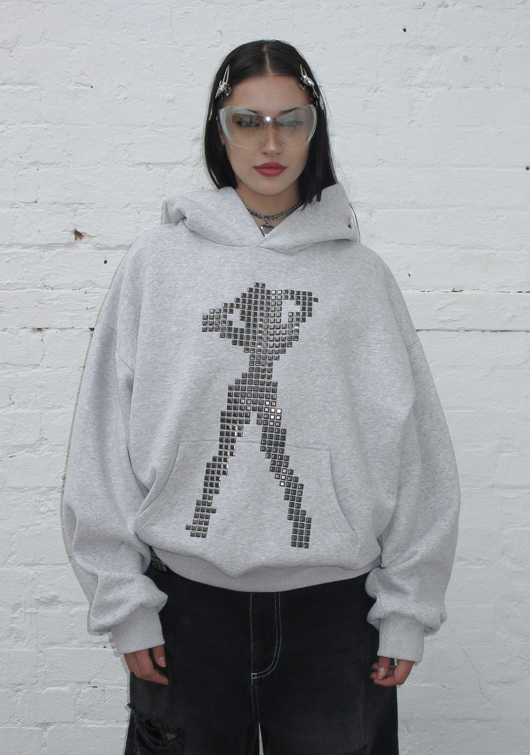 STRANGERS STUDDED SILHOUETTE PULLOVER HOODIE GREY MARL