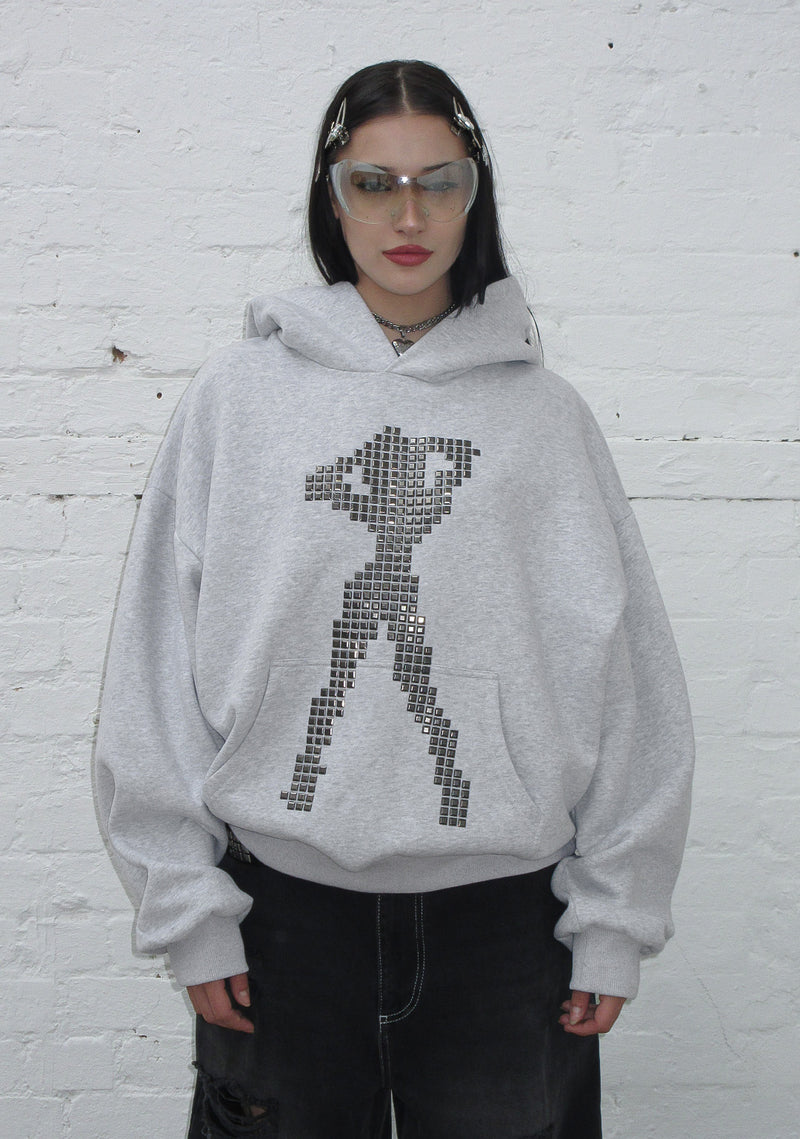 STRANGERS STUDDED SILHOUETTE PULLOVER HOODIE GREY MARL