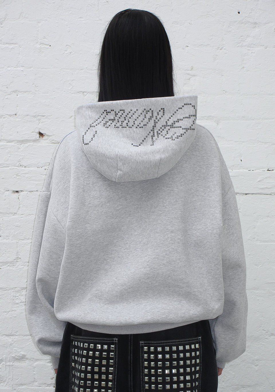 STRANGERS STUDDED SILHOUETTE PULLOVER HOODIE GREY MARL
