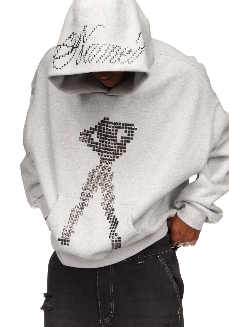 STRANGERS STUDDED SILHOUETTE PULLOVER HOODIE GREY MARL