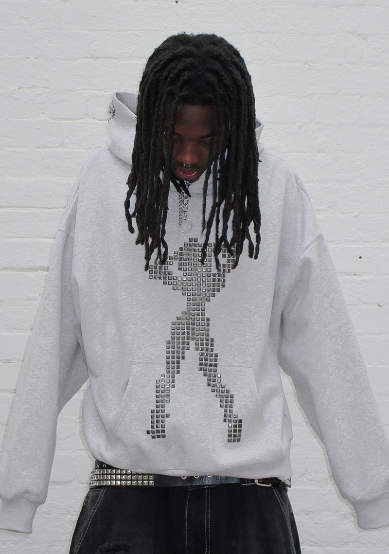 STRANGERS STUDDED SILHOUETTE PULLOVER HOODIE GREY MARL