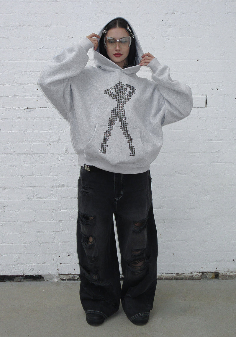 STRANGERS STUDDED SILHOUETTE PULLOVER HOODIE GREY MARL