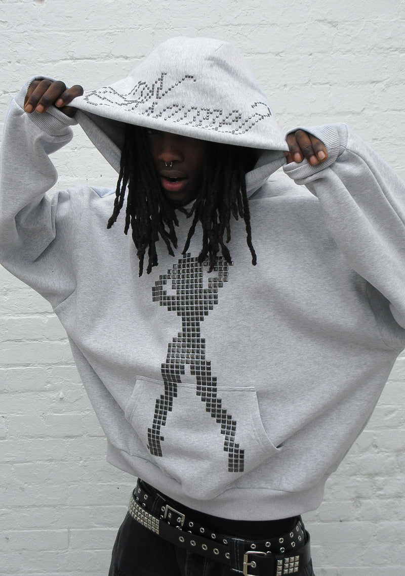 STRANGERS STUDDED SILHOUETTE PULLOVER HOODIE GREY MARL