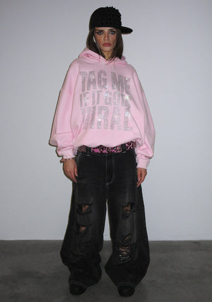 TAG ME RHINESTONE PULLOVER HOODIE BABY PINK