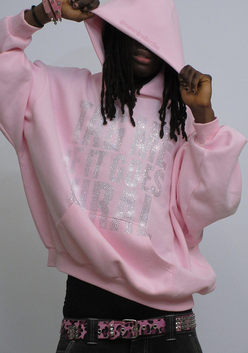 TAG ME RHINESTONE PULLOVER HOODIE BABY PINK