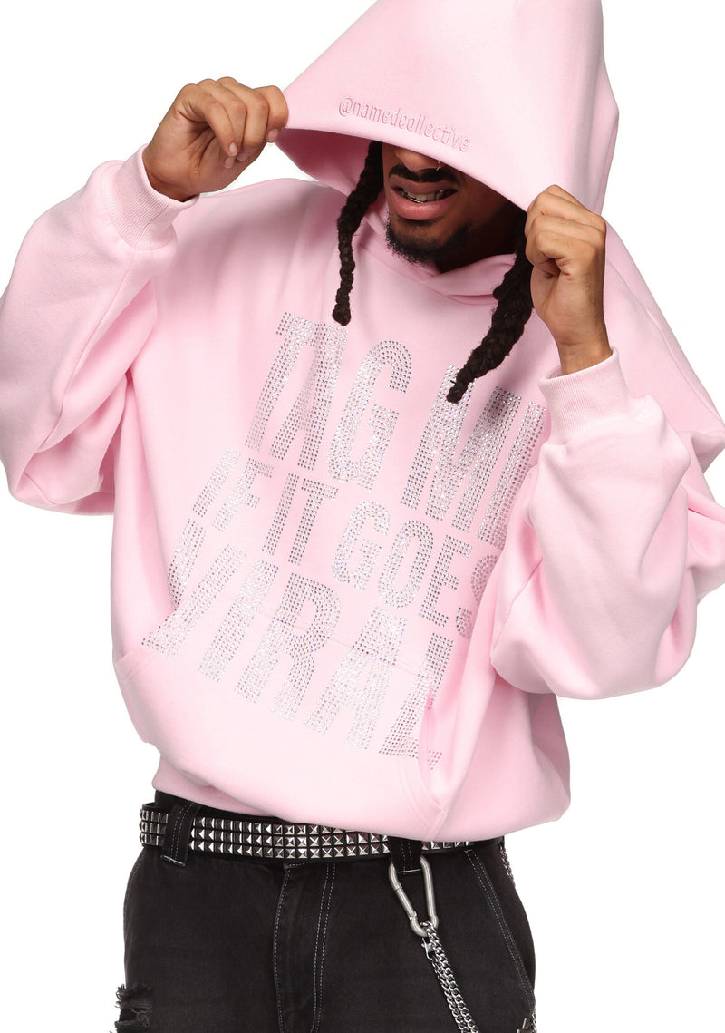 TAG ME RHINESTONE PULLOVER HOODIE BABY PINK