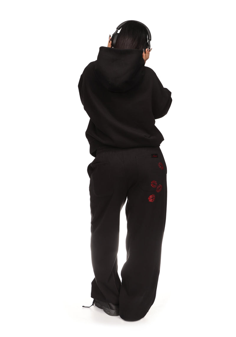 TEASE RHINESTONE KISS PULLOVER HOODIE BLACK