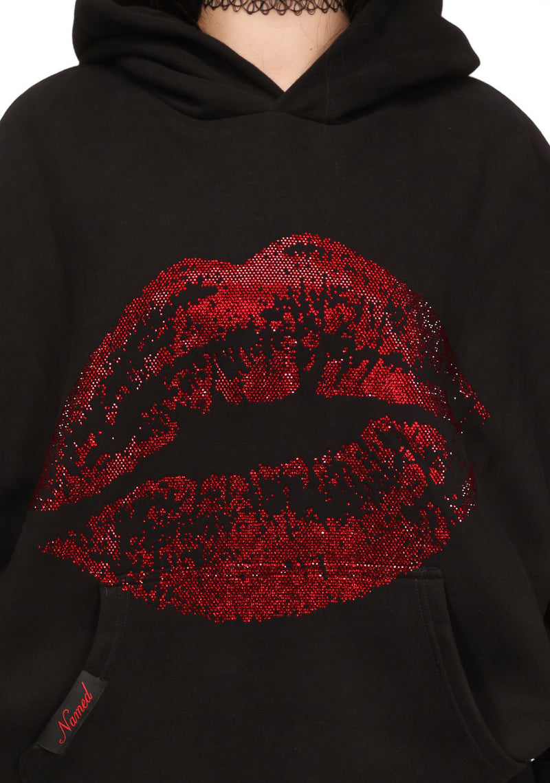TEASE RHINESTONE KISS PULLOVER HOODIE BLACK