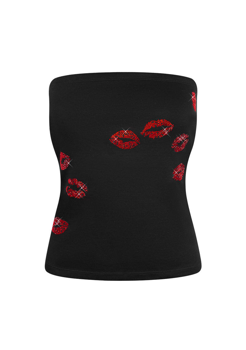 TEASE RHINESTONE KISS TUBE TOP BLACK