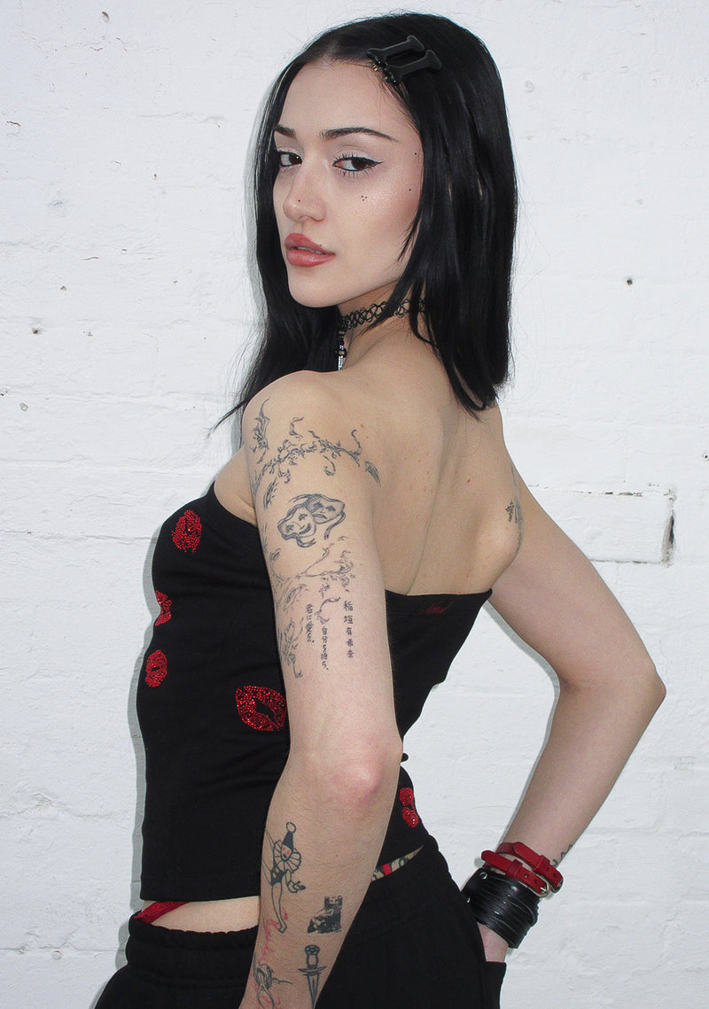 TEASE RHINESTONE KISS TUBE TOP BLACK