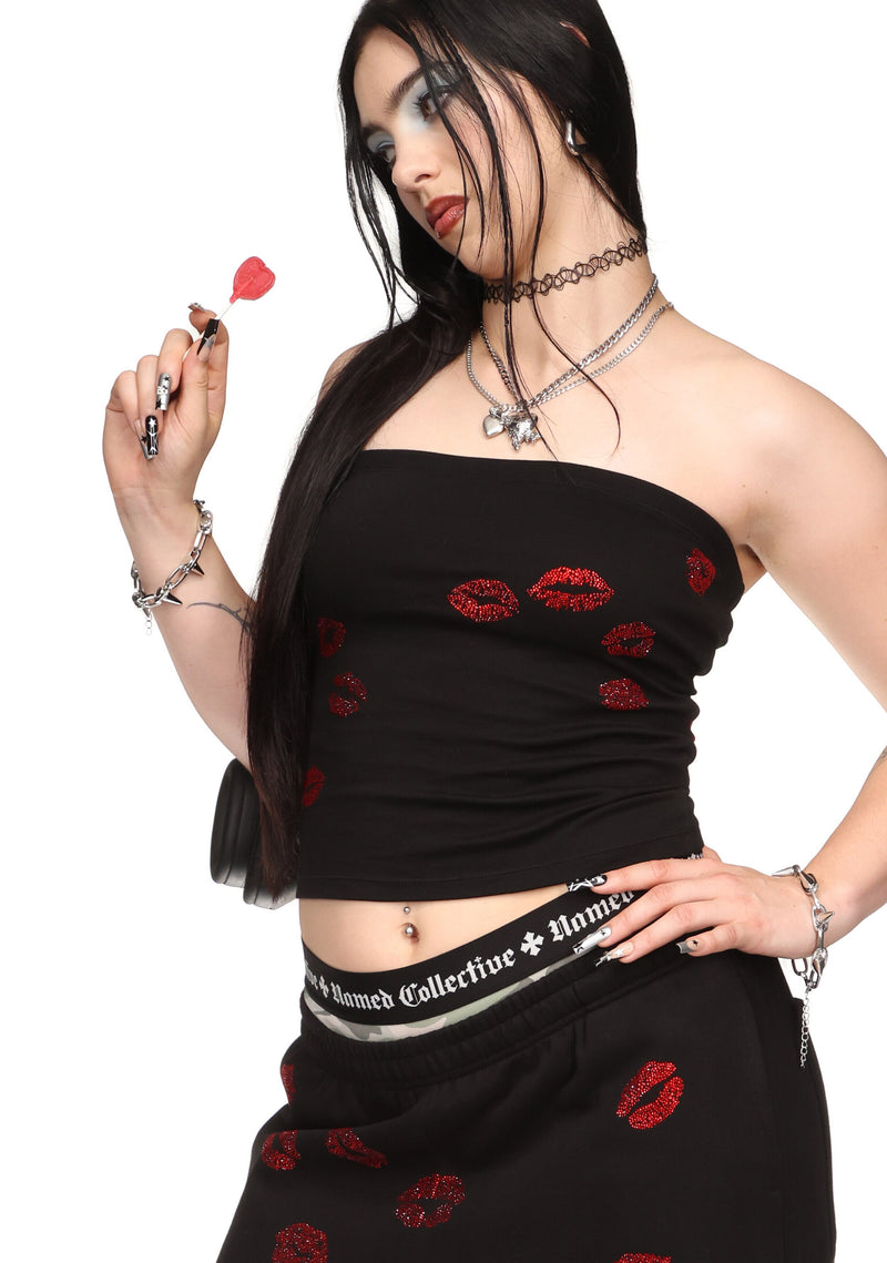 TEASE RHINESTONE KISS TUBE TOP BLACK