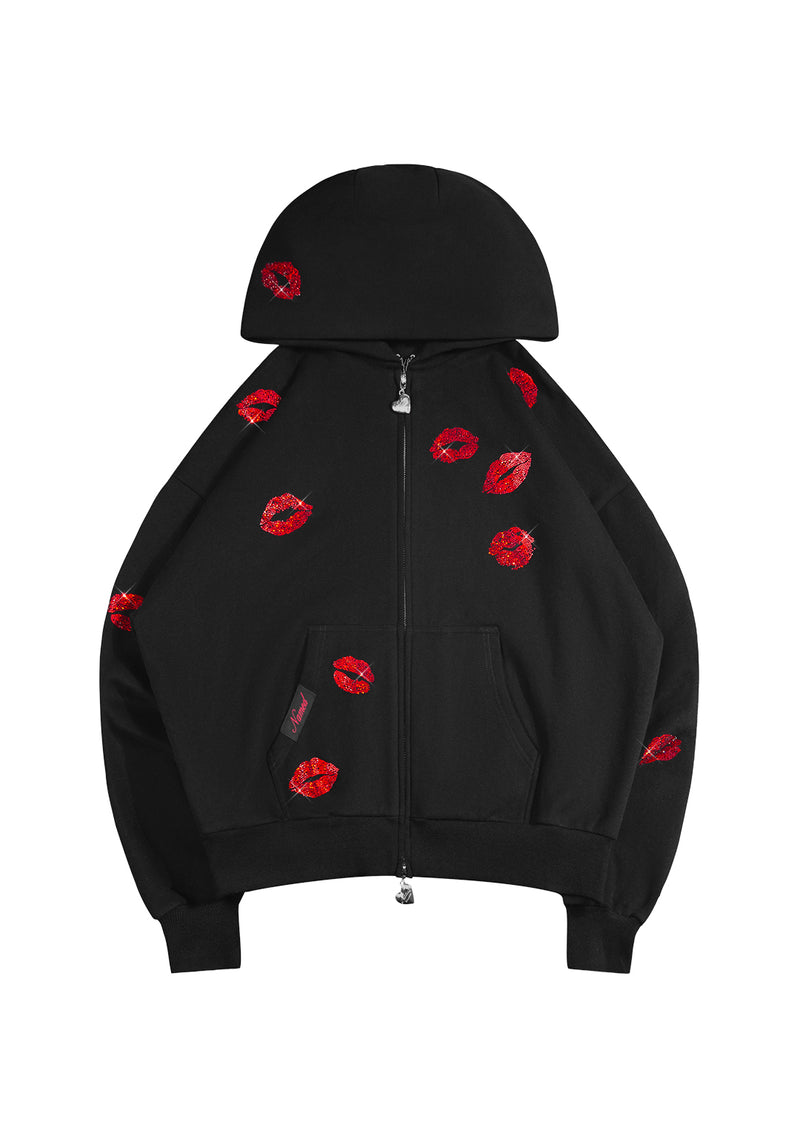 TEASE RHINESTONE KISS ZIP HOODIE BLACK