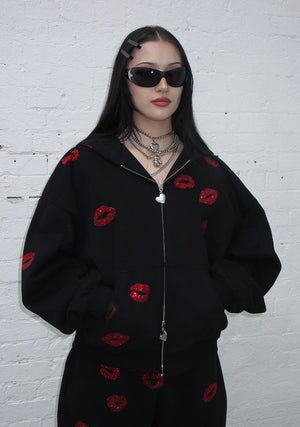 TEASE RHINESTONE KISS ZIP HOODIE BLACK