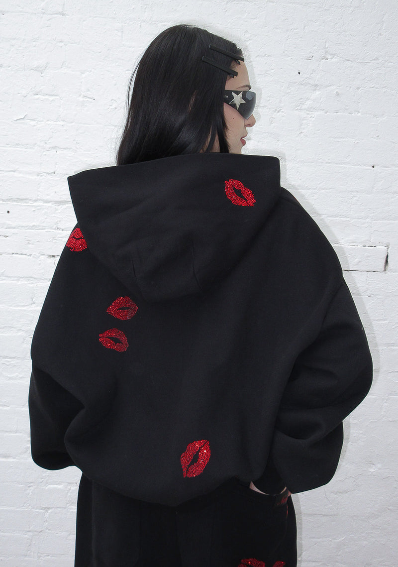 TEASE RHINESTONE KISS ZIP HOODIE BLACK