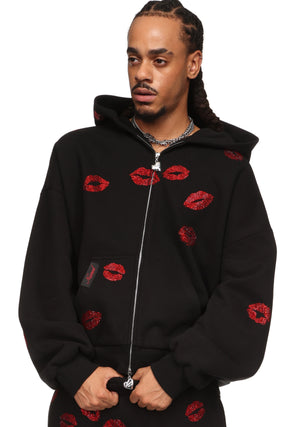 TEASE RHINESTONE KISS ZIP HOODIE BLACK