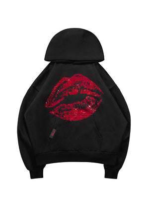 TEASE RHINESTONE LIPS PULLOVER HOODIE BLACK
